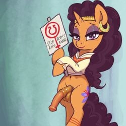 absurd_res animal_genitalia animal_penis clothed clothed_feral clothing cutie_mark don't_dead_open_inside ear_piercing ear_ring equid equine equine_genitalia equine_penis feral friendship_is_magic genitals gynomorph gynomorph_feral hasbro hi_res hooves horn horse intersex intersex_feral mammal my_little_pony mythological_creature mythological_equine mythology navel penis piercing pony ring_piercing saffron_masala_(mlp) sign solo standing t72b unguligrade unicorn