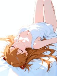 1girl absurd_res absurdres ai-created ai-generated ai_art ai_generated artist_name asuka_langley_sohryu athletic_female bangs bare_legs bare_shoulders bed_sheet boobs bottomless breasts brown_hair bust chest cleavage closed_eyes closed_mouth collarbone downblouse dress evangelion female fit_female gumtoof hair_between_eyes hair_ornament hi_res high_quality high_resolution knees_up long_hair lying medium_breasts morning on_back orange_hair patreon shirt simple_background sleeveless solo souryuu_asuka_langley stable_diffusion tagme tank_top thighs tits two_side_up uncensored white_background white_dress white_shirt