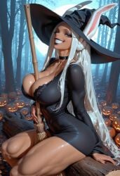 1girl ai_generated alternate_costume between_breasts black_eyeshadow black_lips black_lipstick black_nails boku_no_hero_academia broom broomstick choker civitai eyelashes eyeliner eyeshadow forest grin halloween halloween_costume jack-o'-lantern lace-trimmed_bra large_breasts log long_hair looking_at_viewer mascara mirko moon muscular muscular_female rabbit_ears red_eyes rumi_usagiyama sexually_suggestive silver_hair sitting skin_tight skindentation solo tan_skin thick_thighs wide_sleeves witch witch_hat