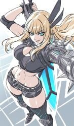 1girls 2d 2d_(artwork) 2d_artwork abs armor big_breasts black_clothing black_gloves black_shorts black_thighhighs blonde blonde_female blonde_hair blue_eyes breasts cleavage comic_character curvaceous_figure curvy curvy_body curvy_female curvy_figure curvy_hips elbow_pads elbow_spikes gloves hair_ornament happy hips holding holding_sword holding_weapon huge_weapon large_breasts light-skinned_female light_skin long_hair looking_at_viewer magik_(illyana_rasputin) magik_(marvel_tokon) marvel marvel_comics marvel_tokon:_fighting_souls midriff muscular muscular_female mutant_(marvel) narrow_waist navel pauldrons revealing_clothes russian_female shorts shoulder_armor shoulder_spikes smile smirk solo spiked_gauntlets spiked_pauldrons spiked_wristband spikes standing sword thighhighs thighs tight_clothing toned toned_female weapon wide_hips zantyarz