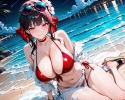 1girls ai_generated bikini black_hair female female_only flower flower_in_hair goddess_of_victory:_nikke large_breasts pale_skin pale_skinned_female red_bikini red_eyes sakura_(bloom_in_summer)_(nikke) sakura_(nikke) tied_hair