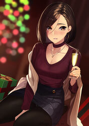 1girls alcohol bangs blurry blurry_background blush box breasts brown_eyes brown_hair champagne champagne_flute choker christmas_tree cleavage collarbone drinking_glass earrings eyebrows_visible_through_hair gift_box highres holding hoop_earrings indoors jewelry kagematsuri lips looking_at_viewer medium_breasts necklace original panties panties_under_pantyhose pantyhose parted_lips shiny_hair simple_background sitting skirt smile solo underwear