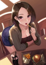 1girls ass breasts brown_hair burger chair cleavage collarbone denim denim_skirt drink earrings eating female food french_fries from_above highres jacket jewelry kagematsuri open_mouth original short_hair skirt solo stud_earrings