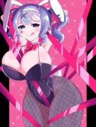 1girl between_breasts black_border black_leotard blue_eyes blue_hair blush bow cleavage closed_mouth facial_mark fake_animal_ears fake_tail fishnets hair_ornament hatsune_miku heart huge_breasts leotard looking_at_viewer multicolored_hair necktie pink_background pink_bow pink_hair pink_necktie pink_pupils pink_ribbon playboy_bunny rabbit_ears rabbit_hole rabbit_hole_(vocaloid) rabbit_tail runa_coretri smile solo sparkle teardrop_facial_mark tongue twintails two-tone_hair vocaloid white_hairband x_hair_ornament
