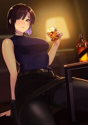 1girls backlighting bangs bare_shoulders belt black_legwear black_skirt blue_shirt blush breasts brown_eyes brown_hair cup drinking_glass female female_focus highres indoors kagematsuri lamp large_breasts leaning_back looking_at_viewer nail_polish original pantyhose pencil_skirt ribbed_shirt shirt short_hair skirt sleeveless sleeveless_shirt thighs