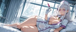1girl ai_assisted ai_generated bangs barefoot bed blush breasts center_opening cleavage curvaceous curvy curvy_female curvy_figure dress emilia_(re:zero) female gloves hair_ornament hat holding hospital_bed indoors large_breasts long_hair looking_at_viewer lying miyuai nurse nurse_cap on_bed pointy_ears purple_eyes re:zero_kara_hajimeru_isekai_seikatsu silver_hair smile solo syringe thick thick_ass thick_butt thick_hips thick_legs thick_thighs thighs voluptuous voluptuous_female white_dress white_gloves wide_hips wide_thighs window wrist_cuffs x_hair_ornament