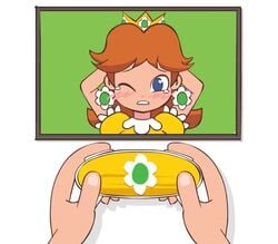 1boy 1girls 2016 animated arms_behind_head arms_up artist_name blue_eyes blush brown_hair clothed clothing controller crown dress earrings female female_focus flower flower_earrings game_console holding_controller jewelry long_hair looking_at_viewer male male_pov mario_(series) minus8 moaning nintendo nintendo_nx nipple_stimulation nipple_tweak no_sound one_eye_closed open_mouth orange_dress pov princess_daisy rolling_eyes screen sexually_suggestive shadow shorter_than_10_seconds shorter_than_30_seconds signature tears through_clothes touch_pad video watermark white_background