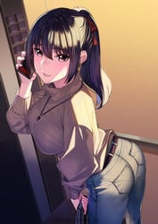 1girls ass bag bangs belt blush breasts brown_belt brown_eyes brown_hair brown_sweater denim earrings female from_behind hair_between_eyes hair_ribbon handbag highres holding_phone jeans jewelry kagematsuri large_breasts leaning_forward long_hair long_sleeves looking_at_viewer looking_back necklace original pants phone ponytail red_ribbon ribbon sidelocks solo standing sweatdrop sweater