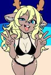 alternate_version_available antlers beach bikini blonde_hair blue_eyes cleavage december_holiday deer deer_ears deer_girl deltarune dess_holiday earrings enpitsuguy flat_colors peace_sign tongue_out