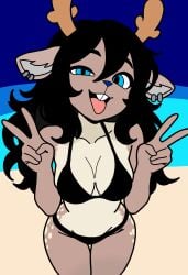 alternate_version_available antlers beach bikini black_hair blue_eyes cleavage december_holiday deer deer_ears deer_girl deltarune dess_holiday earrings enpitsuguy flat_colors peace_sign tongue_out
