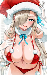 1girls 2021 asuna_(blue_archive) beauty_mark bikini blonde_hair blue_archive blue_eyes blush breasts christmas cleaning_&_clearing_(blue_archive) cleavage female female_only fur_collar hair_over_one_eye hips huge_breasts kojima_saya light-skinned_female light_skin long_hair looking_at_viewer millennium_science_school_student mole_on_breast naughty_face red_bikini santa_hat simple_background smile solo solo_female suggestive_look thick_thighs thigh_gap thighs very_long_hair white_gloves wide_hips