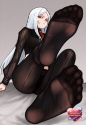 1girls ai_generated arm_support artist_name ascot ass black_panties black_pantyhose black_shirt breasts brown_pantyhose closed_mouth crop_top english_text eyelashes feet feet_up fine_fabric_emphasis foot_focus foot_up foreshortening from_below frown full_body gradient_background greek_toe grey_background grey_hair heart leg_up legs long_hair long_sleeves looking_at_viewer medium_breasts midriff navel necktie no_shoes panties panties_under_pantyhose pantyhose parted_bangs presenting_foot puffy_long_sleeves red_ascot red_eyes red_necktie seamed_legwear see-through see-through_legwear see-through_shirt see-through_sleeves shirt sidelocks simple_background sitting soles solo straight_hair thighs toes underwear very_long_hair watermark white_hair
