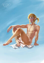 androgynous areolae artistic_nude artistic_nudity biceps blanket blonde_hair blue_eyes breath_of_the_wild censored_anus censored_penis censored_testicles collarbone completely_naked completely_nude_male covering_crotch creative_censorship cute_male earrings feet full_body full_color hair_tie hand_on_knee hi_res hylian link male_only male_pinup muscular_male naked_male nipples nude_male pinup pointy_ears ponytail portrait sheet skinny_male smiling the_legend_of_zelda thighs twunk