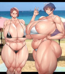 2d 2girls ass beach bikini blue_hair breasts breasts_bigger_than_head busty female female_only female_pubic_hair izumi_(natedecock) light-skinned_female light_skin musclegut muscular muscular_arms muscular_female muscular_legs muscular_thighs natedecock natsumi_(natedecock) original original_character outdoors pubes pubic_hair red_hair sisters tagme thick_thighs thighs