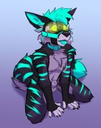 1boy animal_genitalia anthro anthro_only anthro_solo black_body black_claws black_fur blue_hair canid canine chest_tuft claws collar collar_only fox fully_sheathed fur genitals hair hi_res humanoid hypnosis hypnotic_visor kneeling leo_(fox) male male_focus male_only mammal mind_control multicolored_body multicolored_fur muzzle_(object) muzzled nude open_mouth sheath skylardoodles solo spiral spiral_eyes tuft wearing_collar