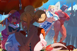 2026 4girls background_characters beach crab fat_breasts flat_chested huge_breasts large_breasts magister_(bigbakunyuu) minami_aoba pandora_smith pervert_male phone sakuraba_himari selfie shiratama_liliana surfboard swimsuit