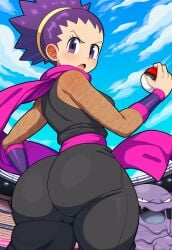 ai_generated gym_leader hairband huge_ass janine_(pokemon) looking_back mesh_shirt muk ninja novelai pokeball pokemon pokemon_gsc purple_eyes purple_hair scarf serious
