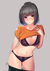 1girls bangs black_hair blunt_bangs blush bob_cut bra breasts cleavage clothes_lift clothes_pull collarbone female female_only grey_background hand_up highres kagematsuri lifted_by_self looking_at_viewer medium_breasts mole mole_under_mouth navel nose_blush orange_shirt original panties parted_lips pulled_by_self purple_bra purple_eyes purple_panties shirt shirt_lift short_hair short_sleeves simple_background skirt skirt_pull solo t-shirt thighs tsurime underwear