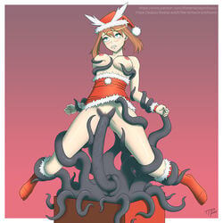 arms_held_back breast_grab breasts christmas christmas_present clothed_sex clothes_down clothes_lift gift grabbing highres interspecies large_breasts may_(pokemon) nintendo no_bra no_panties pokemon rape sex suspension tentacle tentacle_rape tentacle_sex tentacle_suspension the_tentacle_professor