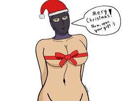 1girls almost_naked balaclava big_breasts black_mask blue_eyes breasts call_of_duty christmas color light-skinned_female light_skin mask modern_warfare red_ribbon ribbon roze_(cod) rozefucker_(artist) santa_hat tagme warzone wrapped wrapped_breasts