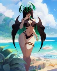 beach beach_background belly_button big_breasts bikini biting_finger black_bikini black_eyeshadow black_lipstick breasts cleavage evil evil_eyes evil_face evil_grin evil_rise7 evil_smile eyeshadow goth goth_girl gothic green_eyes hela hela_(marvel_rivals) hourglass_figure hourglass_figured_female legs looking_at_viewer marvel marvel_rivals navel sexy sexy_body sexy_clothing sexy_female sharp_teeth small_waist smile smiling smiling_at_viewer swimsuit swimwear thick_thighs thigh_gap thighs thin_waist thor_(series) tiny_waist villainess voluptuous voluptuous_female waist wide_hips