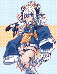 bandages bell blue_eyes blush blushing blushing_at_viewer cage cock_cage cute_face femboy hair_ribbon koud3x leg_warmers maid maid_apron maid_headdress maid_outfit maid_uniform make_up otokonoko precum precum_drip shark small_penis stripes taigaxholic thigh_band tiger tiger_ears tiger_stripes tracksuit white_hair