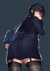 1girls ass back bag bangs black-framed_eyewear black_hair black_jacket black_legwear blazer blue_background blunt_bangs blush braid brown_eyes closed_mouth coat eyebrows_visible_through_hair female from_behind garter_straps glasses hair_ornament hairband hairclip highres jacket kagematsuri lace lace-trimmed_legwear lace_trim leaning_forward long_hair long_sleeves looking_at_viewer looking_back miniskirt original over-rim_eyewear pleated_skirt school_bag school_uniform semi-rimless_eyewear shiny shiny_hair simple_background skirt smile solo thighhighs twin_braids zettai_ryouiki