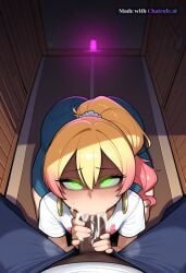 1girl 4k aged_down ahegao ai_assisted ai_generated all_the_way_to_the_base anthro_female bbc beautiful_eyes beautiful_face big_ass black_male blond_hair blonde_hair blue_pants bratty breath bubble_butt cum_dump cum_in_mouth cum_overflow cum_splatter cum_string curvy dark dark_skinned_male deepthroat detailed_background detailed_eyes detailed_face dim_lighting excessive_cum excessive_saliva fellatio fingernails forced_oral furry_female glossy_lips gradient_hair green_eyes hair_between_eyes hajimete_no_gal pink_hair white_socks