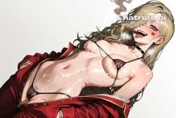 1girl ai_assisted ai_generated areola_slip aroused black_choker black_lipstick blonde_hair cameltoe choker cleft_of_venus cowboy_shot crazy_smile drooling erect_nipples exhausted from_side gluteal_fold green_eyes heavy_breathing horny large_areola lewd limbus_company looking_at_viewer micro_bikini oiled_body open_mouth petite piercing posing puffy_areola puffy_lips purple_eyes pussy_juice_leaking red_cheeks seductive_expression see_through sexy_pose sweaty teasing tight_clothing tongue_out wardrobe_malfunction