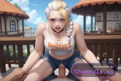 1girl ai_assisted ai_generated balcony bare_arms behind_view black_blouse blonde_hair blue_eyes blurry_background braid collar doggystyle embarrassed gangbang hooters_uniform jaina_proudmoore jeans midriff multicolored_hair outside parted_bangs ponytail pov pussy_sex saliva screaming shaking shorts sitting solo standing tank_top white_hair world_of_warcraft