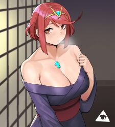 1girls artist_logo bangs bare_shoulders breasts breath chest_jewel cleavage donburikazoku female indoors japanese_clothes kimono large_breasts off-shoulder_kimono pyra red_eyes red_hair short_hair swept_bangs tiara upper_body xenoblade_chronicles_(series) xenoblade_chronicles_2