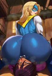 2girls ai_generated ass ass_bigger_than_head ass_focus big_ass big_butt blonde_blazer blonde_female blonde_hair butt butt_bigger_than_head butt_focus dispatch_(game) facesitting female female/female female_only femdom femsub invisigal lesbian light-skinned_female light_skin smothering smothering_ass spookyjellyfish tan-skinned_female tan_skin yuri