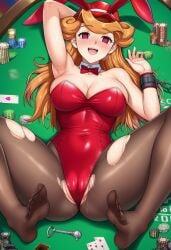 1girl ai_generated armpits ass ass_visible_through_thighs blonde-haired_female blue_eyes blush breasts bunny bunny_costume bunny_girl bunnysuit card casino chained_cuffs chained_wrists chains cuffs empty_eyes feet female hair_between_eyes handcuffs hourglass_figure hypnosis leotard looking_at_viewer lying melissa_claire mind_control multicolored_hair one_arm_up open_mouth pantyhose playing_card poker_chip poker_table pussy pussy_juice pussy_visible_through_clothes ripped_stockings seductive_smile smile smiling smiling_at_viewer soles solo spread_ass spread_legs sweat sweating sweaty sweaty_body thick_thighs thighs timebreaker_(generator) tits toes woman yu-gi-oh! yu-gi-oh!_arc-v