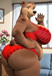 1girls ai_generated anthro bbw bear bear_girl bear_tail belly belly_button big_breasts black_nose bra breasts brown_eyes brown_fur chubby claws curvy fat female female_only furry furry_female grizzly_bear huge_breast huge_breasts hyper_breasts lady_bear_(masha_and_the_bear) large_breasts looking_at_viewer looking_back masha_and_the_bear massive_thighs mature_female panties paws red_bra red_panties solo standing underwear_only wide_hips