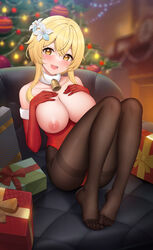 1girls areolae barefoot bell bell_collar big_breasts black_legwear blonde_hair blush breasts casual_nudity christmas christmas_gloves christmas_tree exposed_breasts female female_only flower flower_in_hair fukuro_ko_(greentea) genshin_impact gloves hands_on_chest happy highres huge_breasts large_breasts legs legwear looking_at_viewer lumine_(genshin_impact) medium_hair nipples no_bra open_mouth open_smile pantyhose presents sitting smile sofa solo yellow_eyes