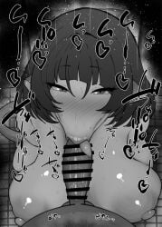 1boy 1girls :>= animal_ears bare_shoulders big_breasts big_penis black_and_white blush breasts censored dark-skinned_male dark_skin detailed_background drooling erect_nipples eyelashes fellatio female heart human indoor inside interracial jane_doe_(zenless_zone_zero) kurotama looking_at_viewer male male_pov monochrome oral oral_sex penis room saliva shiny shiny_skin short_hair sketch sound_effects squatting sweat text tongue tongue_out vein veins veiny veiny_penis zenless_zone_zero