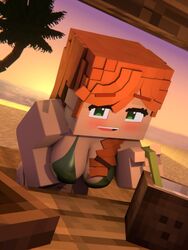 1girls 3d alex_(minecraft) beach beveledblock blender_(software) breasts character cocount female female_only green_bikini green_eyes green_swimsuit looking_up mine-imator minecraft orange_hair original_character outside solo square_head tagme