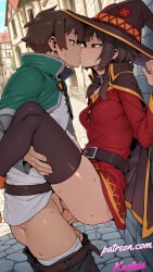 1boy 1girl 1girls against_wall ai ai_generated boobs breasts female holding_legs kanteia kiss kissing kono_subarashii_sekai_ni_shukufuku_wo! konosuba mage male megumin penetration penis petite pussy satou_kazuma sex short_hair small_breasts tits woman