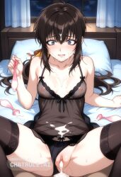 after_sex ai_assisted ai_generated anime_screenshot bare_shoulders bedroom black_hair black_lingerie black_stockings blue_eyes condom cum_covered cum_on_body cum_on_clothes cum_on_face filled_condom hair_between_eyes hair_ribbon highres holding_used_condom laying_on_back laying_on_bed long_hair low_ponytail messy_hair night nipples on_back panties_aside pleasure shocked_eyes small_breasts thick_cum tiny_tits white_curtains