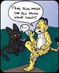 aggretsuko anthro cartoon_network casual_nudity cheetah cigarette circumcised dialogue duo felid feline flaccid foreskin genitals hi_res hyoudou kayadult male male/male mammal mao_mao:_heroes_of_pure_heart penis sanrio shin_mao sitting smoke_pipe smoking