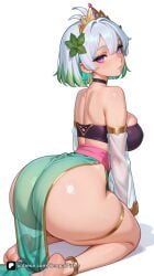 1girl ai_generated anklet antenna_hair artist_name ass back bangs bare_shoulders barefoot breasts choker closed_mouth detached_sleeves earrings feet from_behind full_body green_hair hair_ornament jewelry kneeling large_breasts lily lily_everhart looking_at_viewer looking_back multicolored_hair no_panties palworld patreon pelvic_curtain purple_eyes questionable see-through senpai_pixels sensitive shiny_skin short_hair simple_background skindentation soles solo strapless thighs toes tube_top white_background white_hair