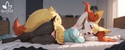 1girls 5_toes ai_generated anthro bed bedroom braixen breasts covered_nipples emira_phox_(serbm) female freckles freckles_on_breasts freckles_on_face large_breasts lying lying_on_side messy_room morning navel one_eye_closed panties pillow pokemon pokemon_(species) serbm solo tank_top yawn yawning