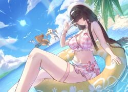 1girls black_hair blush chisa_(wuthering_waves) female female_focus female_only long_hair medium_breasts official_alternate_costume pink_swimsuit red_eyes see-through_clothing see-through_swimsuit solo solo_female swimsuit wuthering_waves
