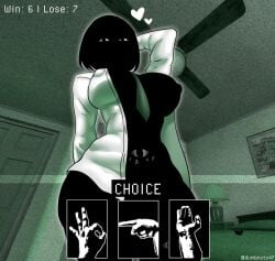 big_boobs big_breasts black_body black_eyes black_hair black_skin breasts dumbnuts47 english english_text entity female huge_boobs huge_tits humanoid monster nate_hand_gesture nipples open_clothes open_shirt roblox shirt staring staring_at_viewer tagme text tie tits void white_shirt
