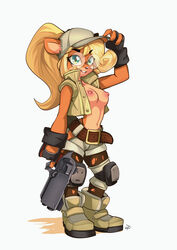 1girls anthro belt blonde_hair breasts casual clothing coco_bandicoot crash_(series) edit exposed_breasts eyewear female firearm footwear furry glasses gloves green_eyes gun handgun handwear hat headwear jacket kneepads long_hair marsupial metal_slug midriff military nipples open_mouth outerwear pants partially_clothed revolver shoes vest weapon