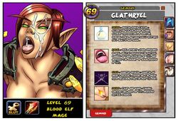 1girls after_oral ahe_gao blood_elf character_sheet cum_on_face english_text facial gameplay_mechanics glathryel_tharron green_eyes green_skin jerking large_breasts open_mouth oral oral_sex petite red_hair seductive_mouth shina stats text throat tongue_out white_skin world_of_warcraft