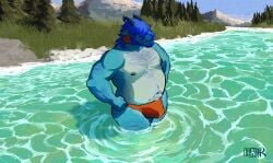allstarfall anthro aquatic aquatic_dragon beard belly big_belly big_butt big_muscles big_pecs black_nipples blue_body blue_hair body_hair butt chest_hair clothing colored detailed_background dragon facial_hair facial_horn fangs fin forest hair hair_over_eyes hand_on_hip happy_trail hi_res horn lake line_art looking_away male medium_hair messy_hair mountain muscular mythological_creature mythological_scalie mythology navel nipples nose_horn orange_clothing orange_underwear overweight overweight_male path pecs plant pointy_ears pose rock satisfied_look scalie shaded side_view sky snow solo speedo spruce swimwear teeth thick_thighs tree underwear wave wet