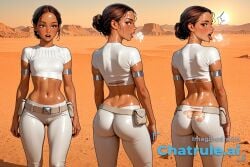 1_girl 1girl ai_assisted ai_generated armlet attractive_woman bangs belt belt_pouch brown_eyes brown_hair butt_crack clean_lineart crop_top desert exausted from_behind gluteal_fold hair_bun narrow_waist nude oiled_body open_mouth padme_amidala pants petite pussy_juice_leaking round_ass sexually_suggestive skindentation standing star_wars surprised sweat_body tan_skin thick_thighs tight_clothes tongue_out wet_body wet_face wet_hair wide_hips