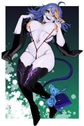 1girls ahoge blue_hair blue_skin breasts curvy demon_tail feet female glasses hips indie_virtual_youtuber jiangshi jiangshi_costume large_breasts long_hair naked nipples nude purple_nipples rope sharp_fingernails spell_tag string_bikini tail thick thighhighs thighs virtual_youtuber vtuber yellow_eyes yomi_quinnley