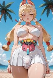 1futa ai_generated alice_thymefield alice_thymefield_(sea_of_thyme) animal_ears artist_name beach bikini bikini_top_only blonde_hair blue_sky braid breasts bulge cleavage covered_penis day futanari futarush heterochromia large_breasts lips long_hair looking_at_viewer outdoors palm_tree parted_lips patreon patreon_username pleated_skirt red_eyes skirt sky solo sultryspark swimsuit tree twintails white_bikini white_skirt yellow_eyes zenless_zone_zero zzz
